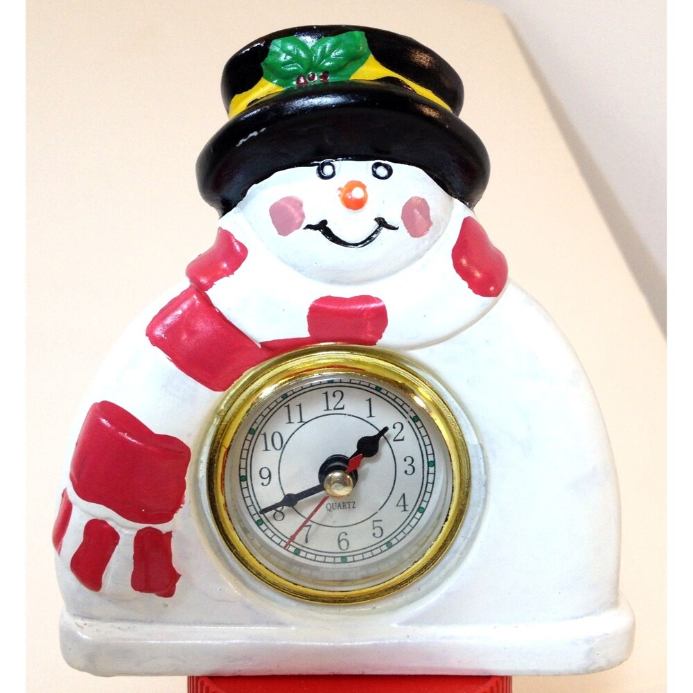 Vintage Ceramic Snowman Clock Working Keep Good Time 5.5" Tall